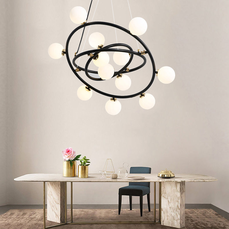 Contemporary Style 9/12/15 Lights Chandelier Black Round Suspension Light with Opal Glass Shade