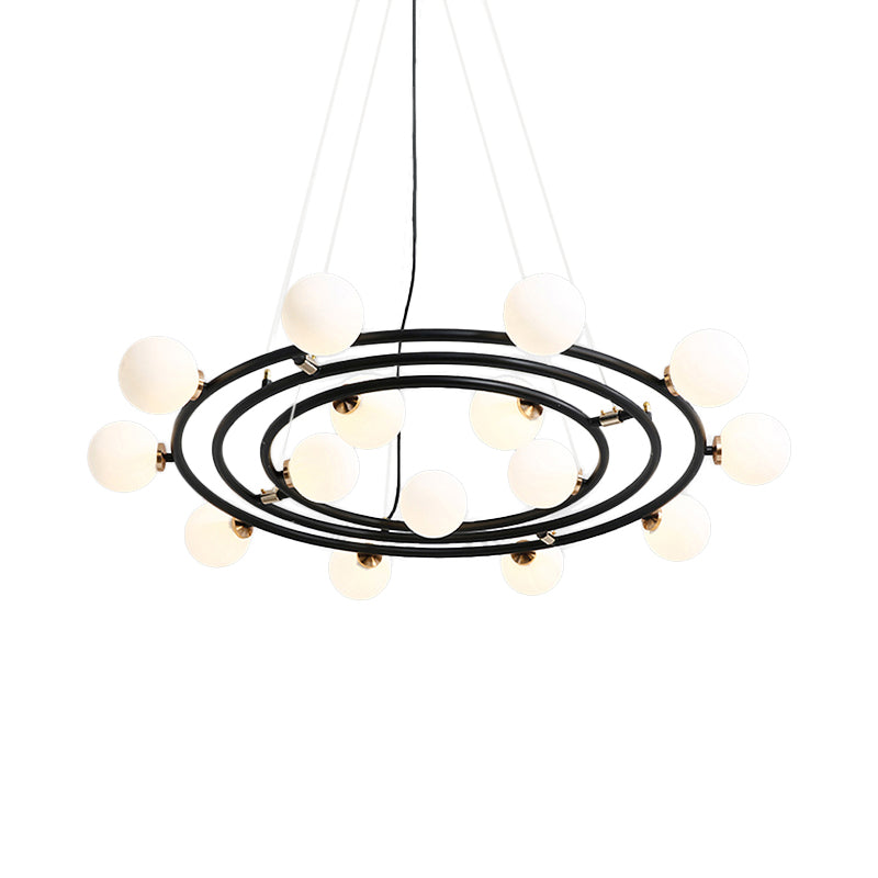 Contemporary Style 9/12/15 Lights Chandelier Black Round Suspension Light with Opal Glass Shade