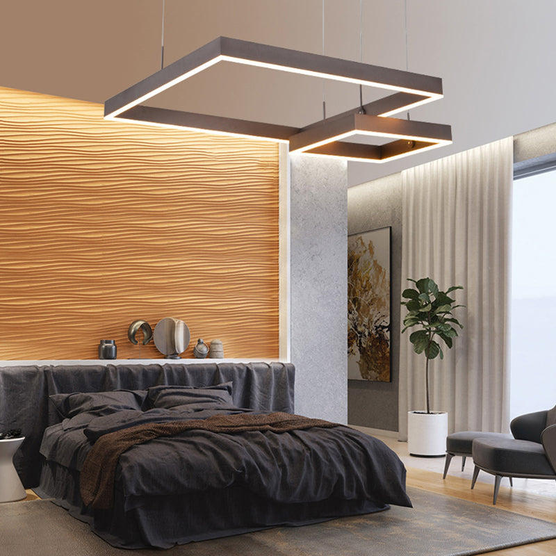 Square Chandelier Light Contemporary Acrylic LED 2/3 Lights Brown Bedroom Ceiling Pendant in Warm/White Light