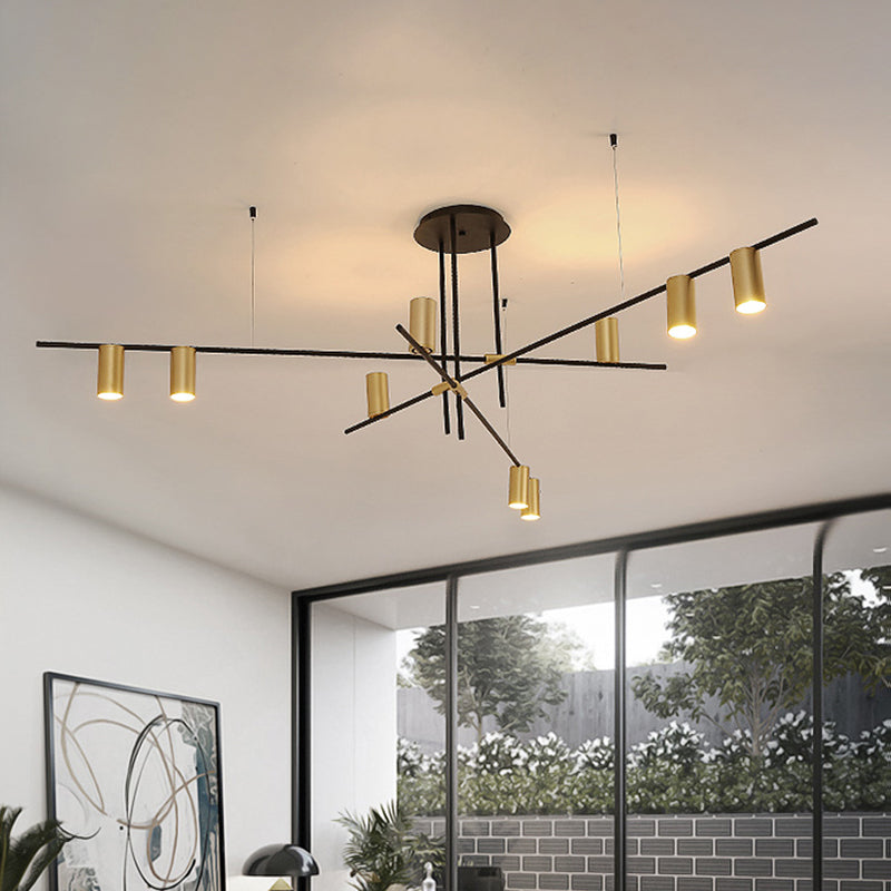 Accesorio de iluminación de araña de cilindro asimétrico metal moderno 3/4/9 lámpara de techo dorada para comedor en cálido/blanco