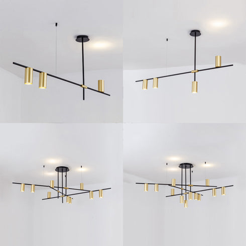 Accesorio de iluminación de araña de cilindro asimétrico metal moderno 3/4/9 lámpara de techo dorada para comedor en cálido/blanco