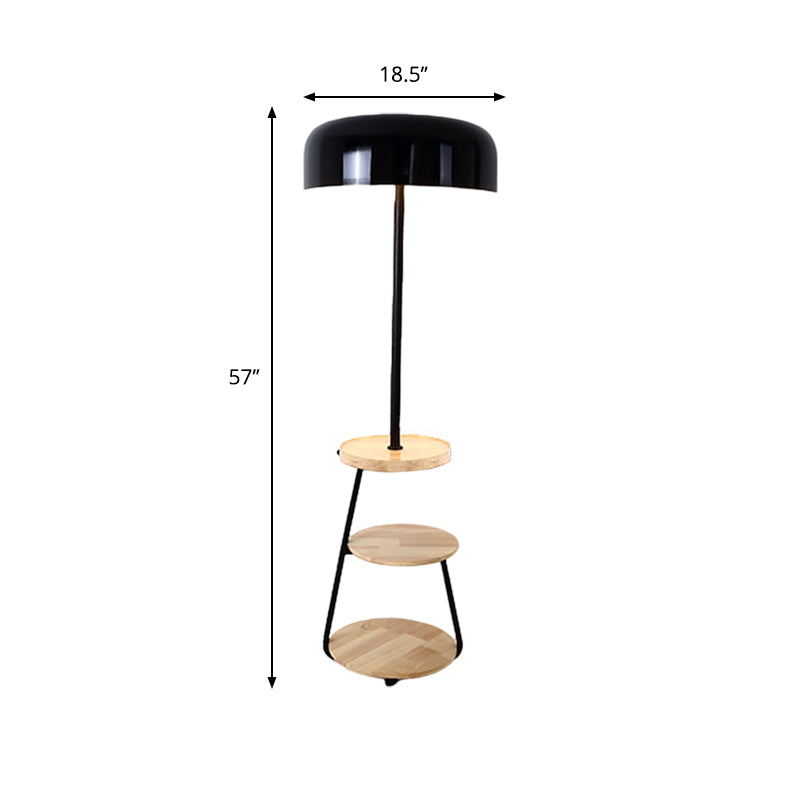 Black Finish Bowl Shade Floor Standing Light Modernism 2 Bulbs Metal Floor Lamp with Wood Shelves