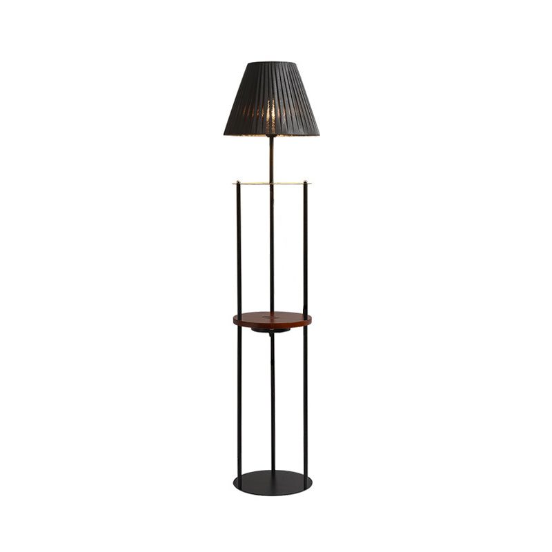 Pleated Fabric Tapered Stand Up Light Modernist 1-Light Black Finish Standing Floor Lamp with Shelf