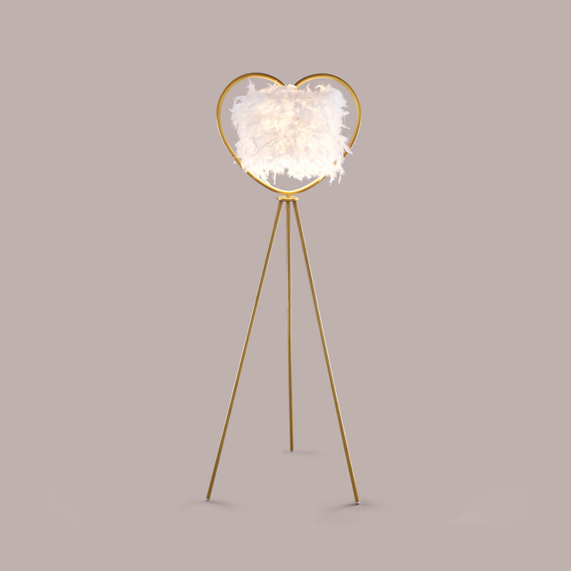 Loving Heart Frame Floor Lamp Post Modern Metallic 1-Head Black/Gold Finish Tripod Floor Standing Light with Feather Shade