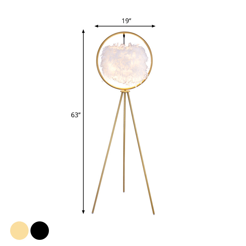 Black/Gold Ring Tripod Floor Light Postmodern 1 Bulb Metal Standing Floor Lamp with Feather Shade