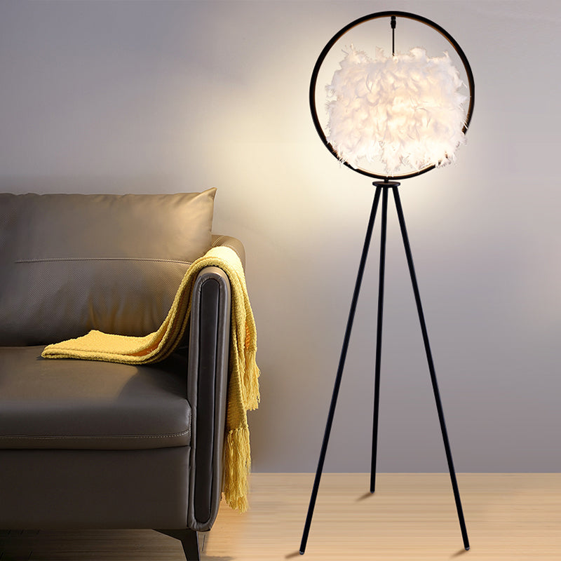 Black/Gold Ring Tripod Floor Light Postmodern 1 Bulb Metal Standing Floor Lamp with Feather Shade