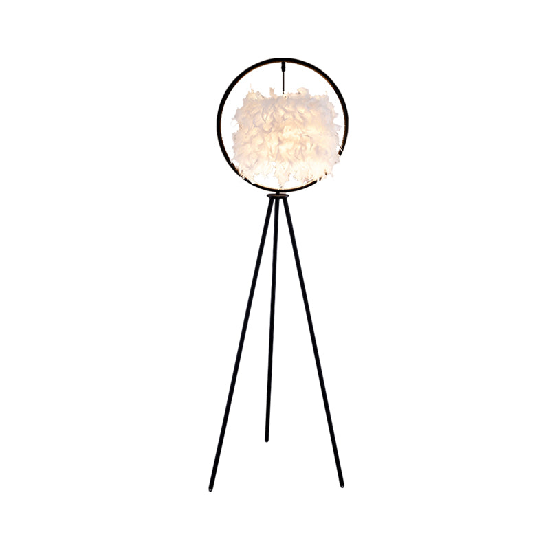 Black/Gold Ring Tripod Floor Light Postmodern 1 Bulb Metal Standing Floor Lamp with Feather Shade