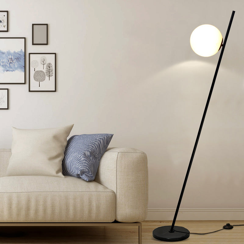 1 Light Bedroom Floor Lamp Minimalist Black Linear Standing Floor Light with Sphere Opal White Glass Shade