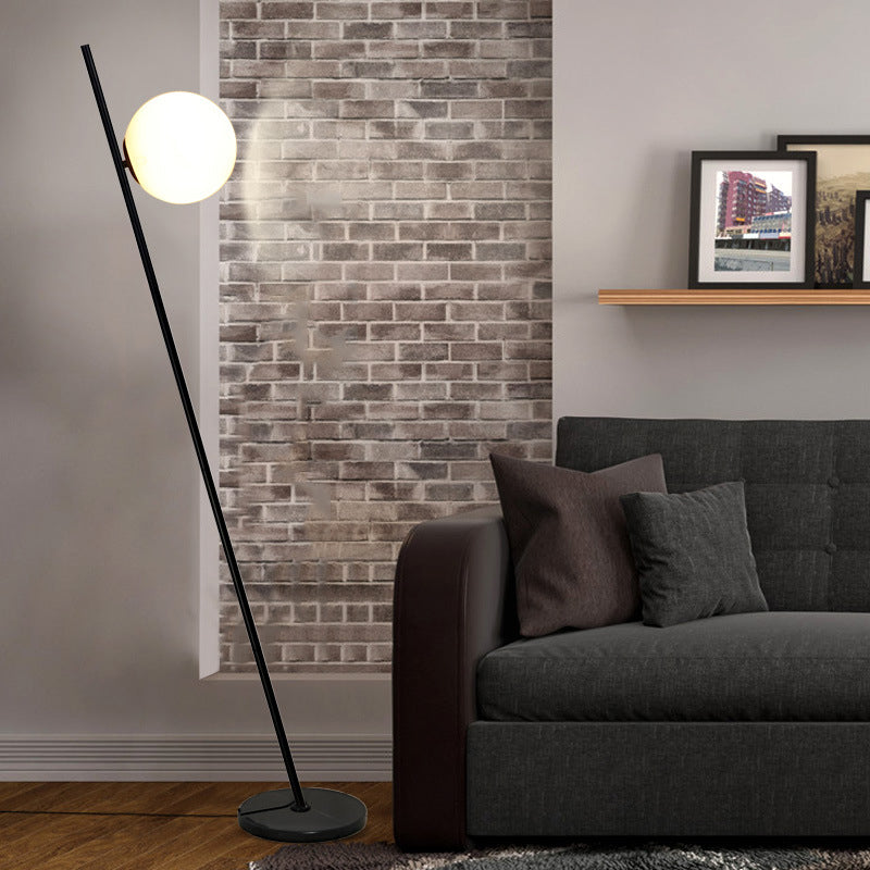 1 Light Bedroom Floor Lamp Minimalist Black Linear Standing Floor Light with Sphere Opal White Glass Shade