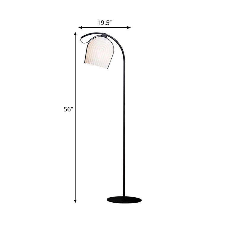 Schwarzer Finish -Kuppel -Stand -up -hell modernist 1 Kopf weiß gerippte Glasstehlampe