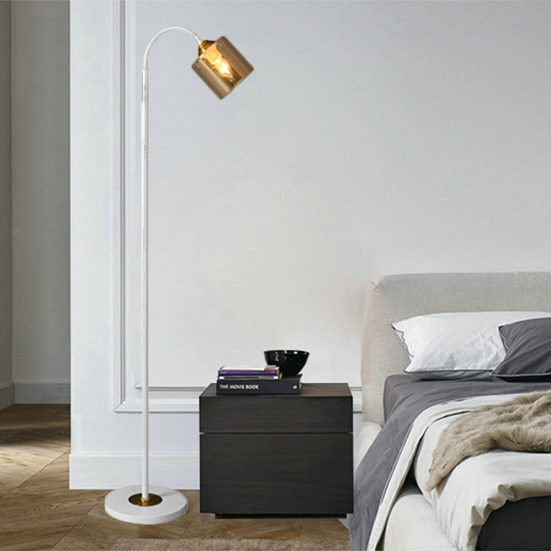 Modern 1-Light Standing Floor Light with Amber Glass Shade White Finish Cylinder Floor Lamp