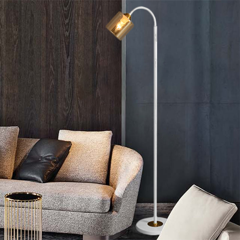 Modern 1-Light Standing Floor Light with Amber Glass Shade White Finish Cylinder Floor Lamp