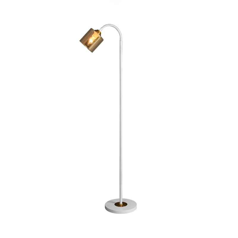 Modern 1-Light Standing Floor Light with Amber Glass Shade White Finish Cylinder Floor Lamp