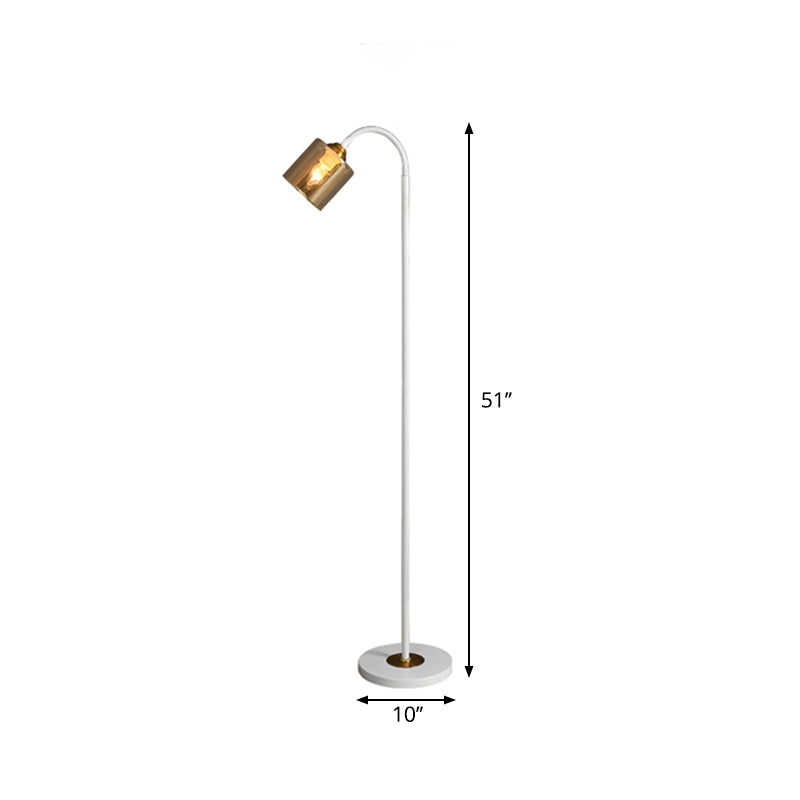 Modern 1-Light Standing Floor Light with Amber Glass Shade White Finish Cylinder Floor Lamp