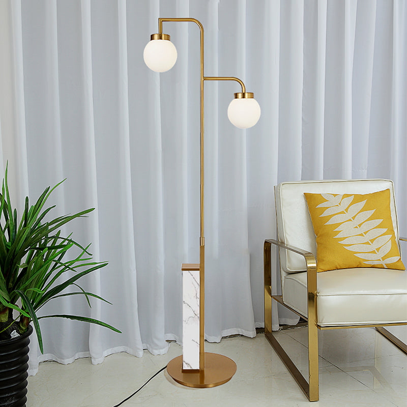 Post Modern Ball Floor Standing Light Frosted Glass 2-Head Living Room Tree Floor Lamp in Gold