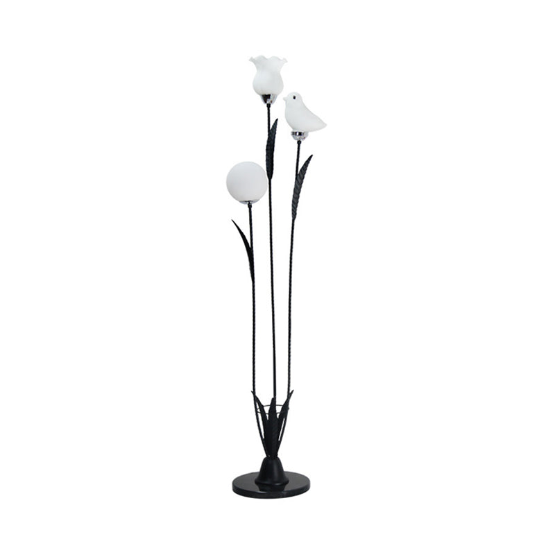 3-Bulb Living Room Tree Floor Light Contemporary Black/White Stand Up Lamp with Orb-Flower-Bird Shape Cream Glass Shade