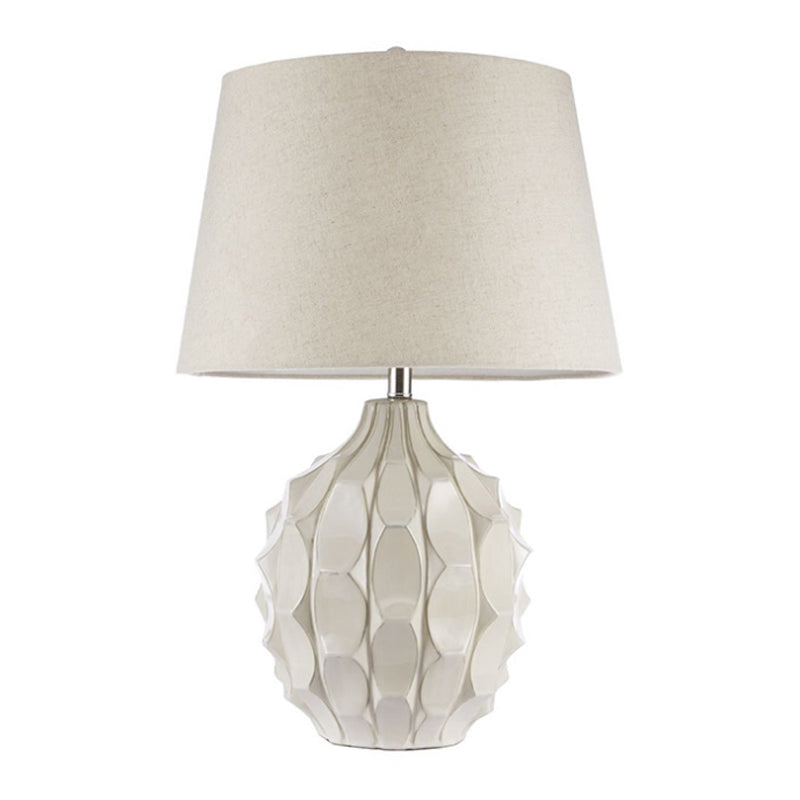 Rustic Pinecone Night Table Lamp 1 Head Ceramic Nightstand Light with Tapered Drum Shade in White