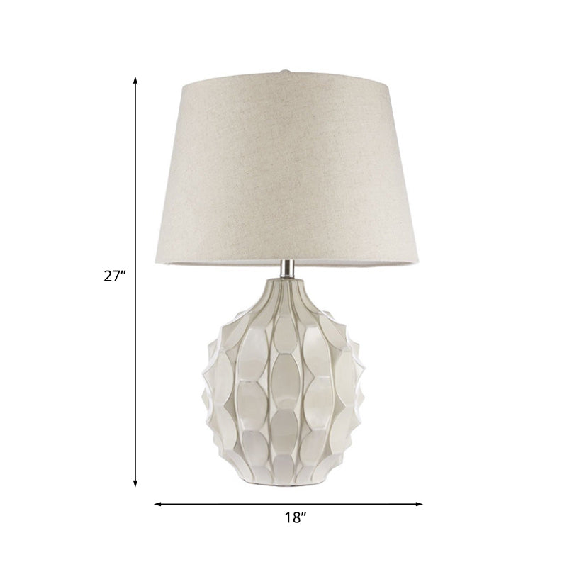 Rustic Pinecone Night Table Lamp 1 Head Ceramic Nightstand Light with Tapered Drum Shade in White