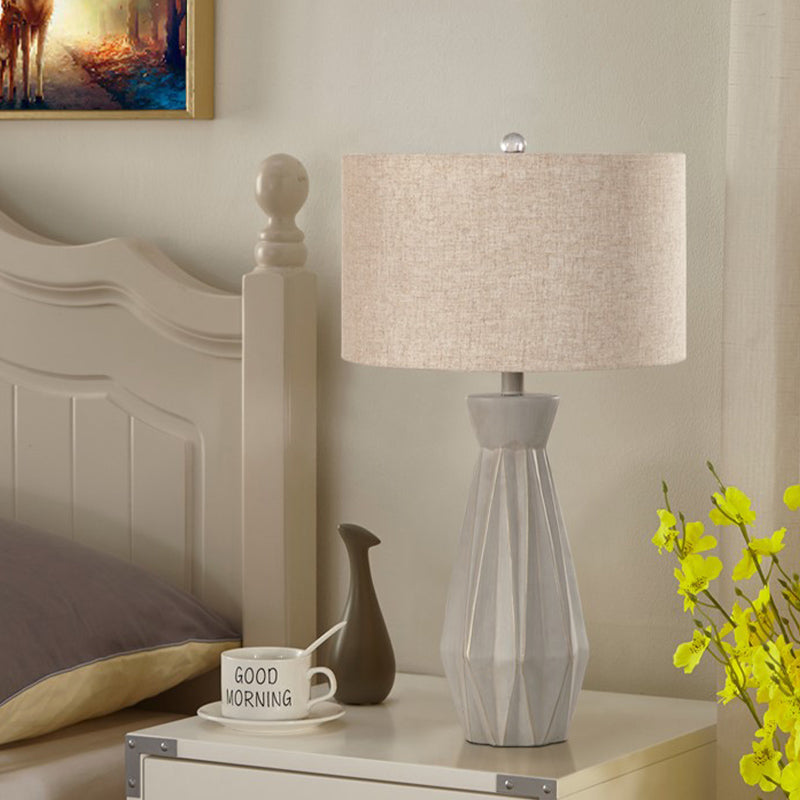 Beige/White 1 Head Night Table Lamp Rustic Fabric Drum Shade Nightstand Light for Bedside