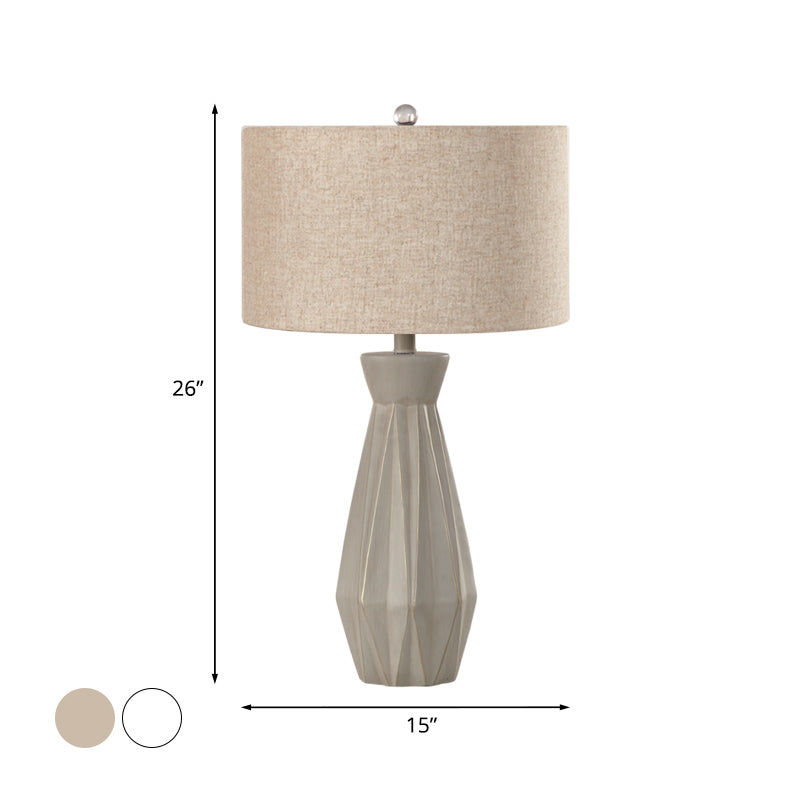 Beige/White 1 Head Night Table Lamp Rustic Fabric Drum Shade Nightstand Light for Bedside