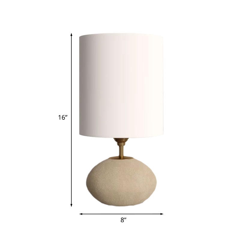 Cylindrical Fabric Table Lamp Countryside 1 Bulb Living Room Nightstand Lamp with Oval Stone Base in Light-Khaki