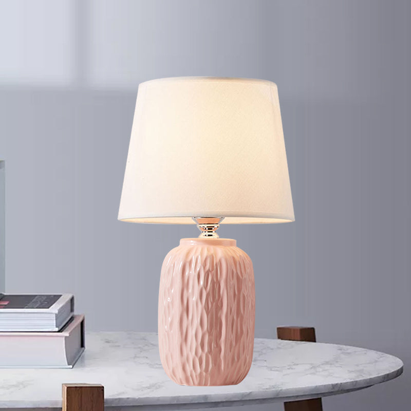 Single Hammered Ceramic Night Lamp Modern Pink/Blue/Yellow Oval Table Lighting with Tapered Lampshade