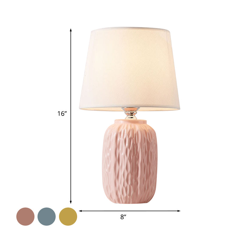 Single Hammered Ceramic Night Lamp Modern Pink/Blue/Yellow Oval Table Lighting with Tapered Lampshade