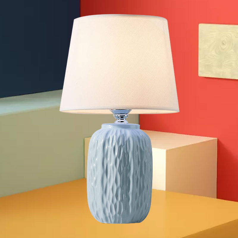 Single Hammered Ceramic Night Lamp Modern Pink/Blue/Yellow Oval Table Lighting with Tapered Lampshade