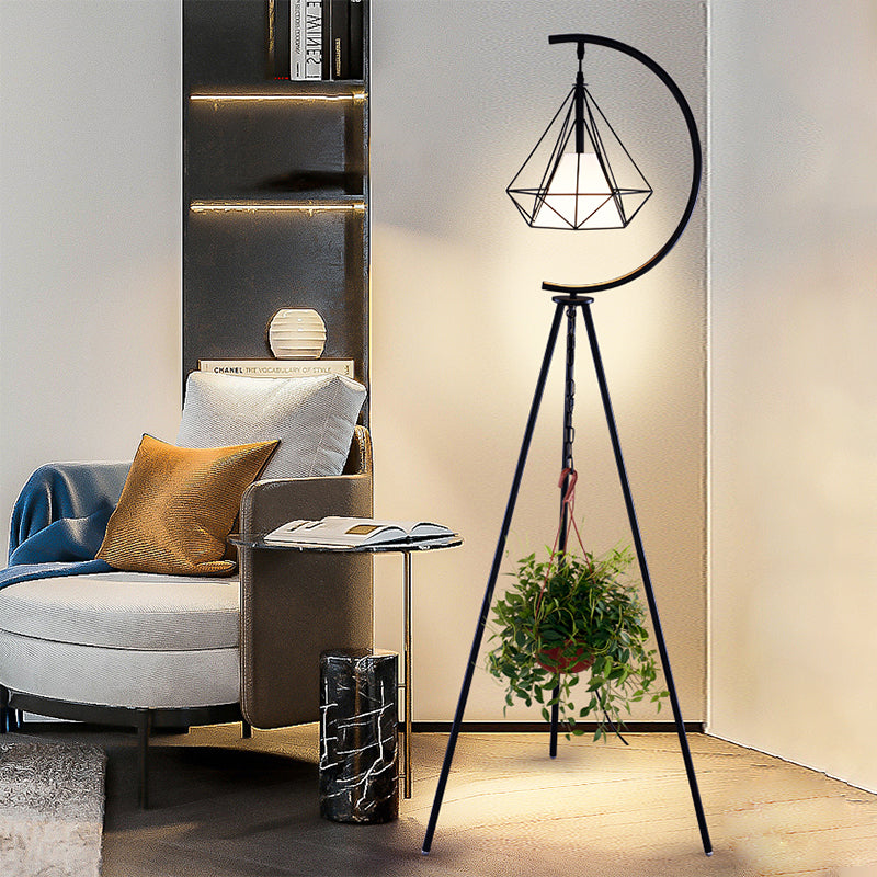 Black/Gold Finish Diamond Cage Floor Light Modernist 1 Light Metal Tri-Leg Standing Floor Lamp