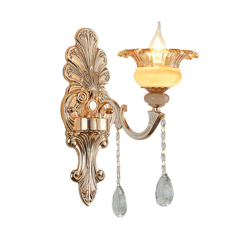 1/2-Head Wall Sconce Mid-Century Floral Crystal Wall Lighting Idea in Gold for Bedside