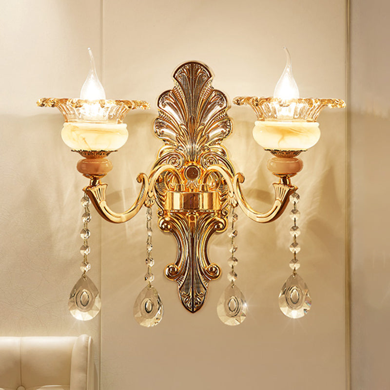 1/2-Head Wall Sconce Mid-Century Floral Crystal Wall Lighting Idea in Gold for Bedside