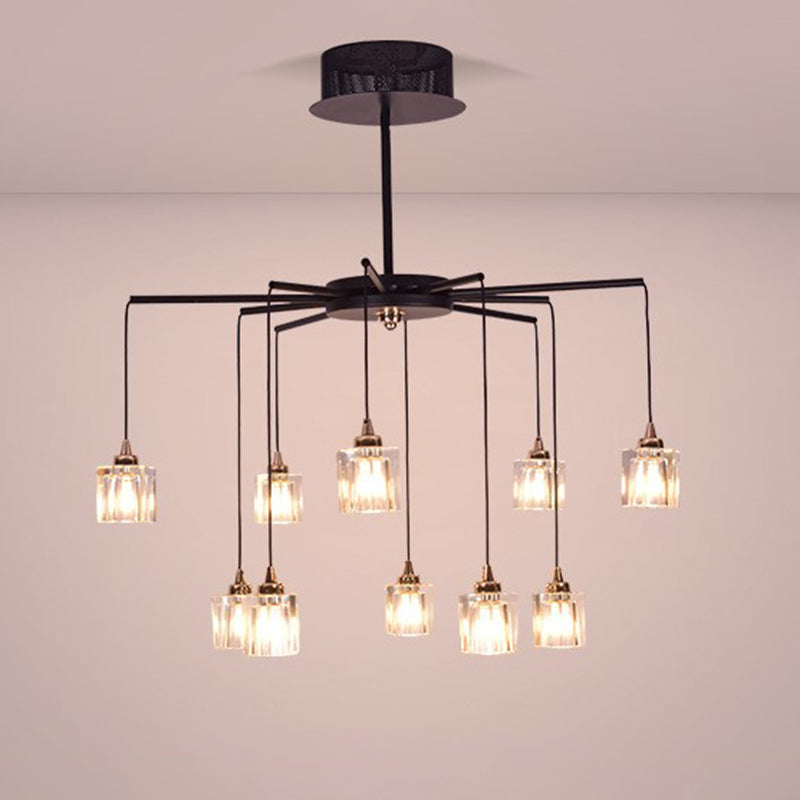 Black Finish Radial Ceiling Chandelier Modernist 10 Lights Metal Pendant with Cube Clear Crystal Shade