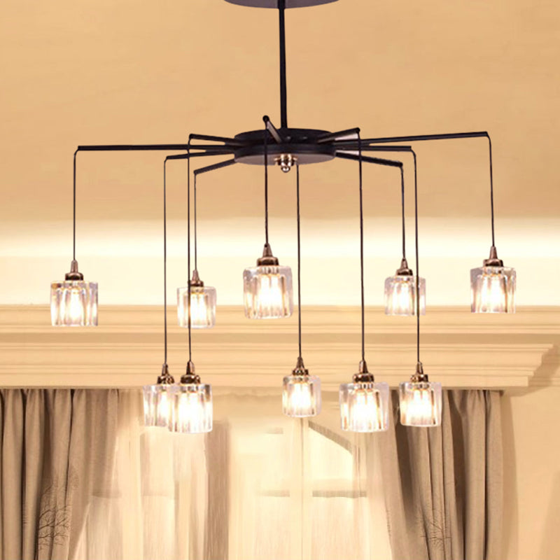 Black Finish Radial Ceiling Chandelier Modernist 10 Lights Metal Pendant with Cube Clear Crystal Shade