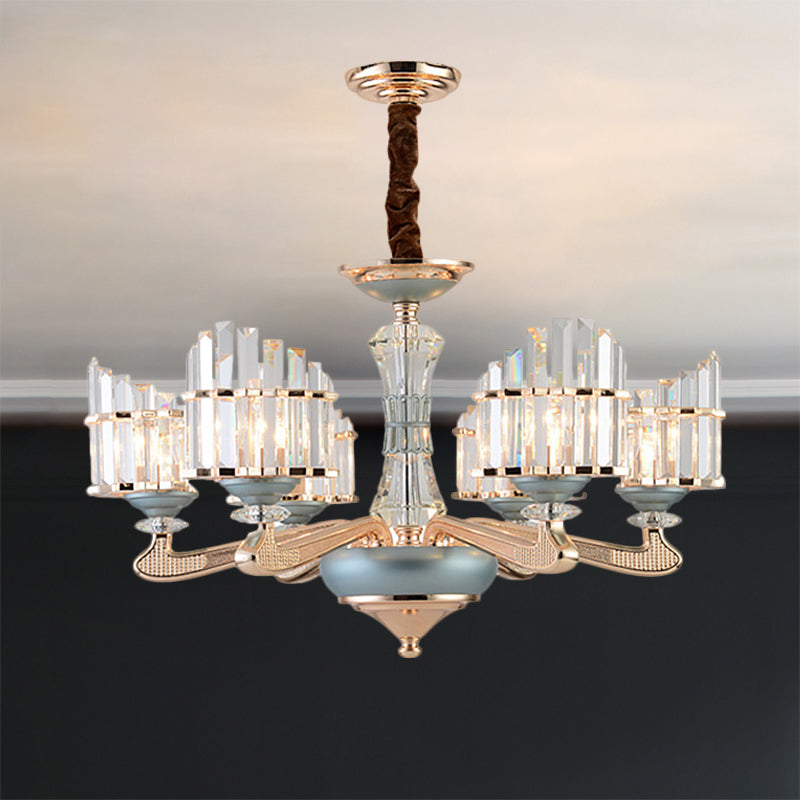 Crystal Block Arced Panel Chandelier Contemporary 6 Bulbs Gold Pendulum Light with Blue Ceramics Detail