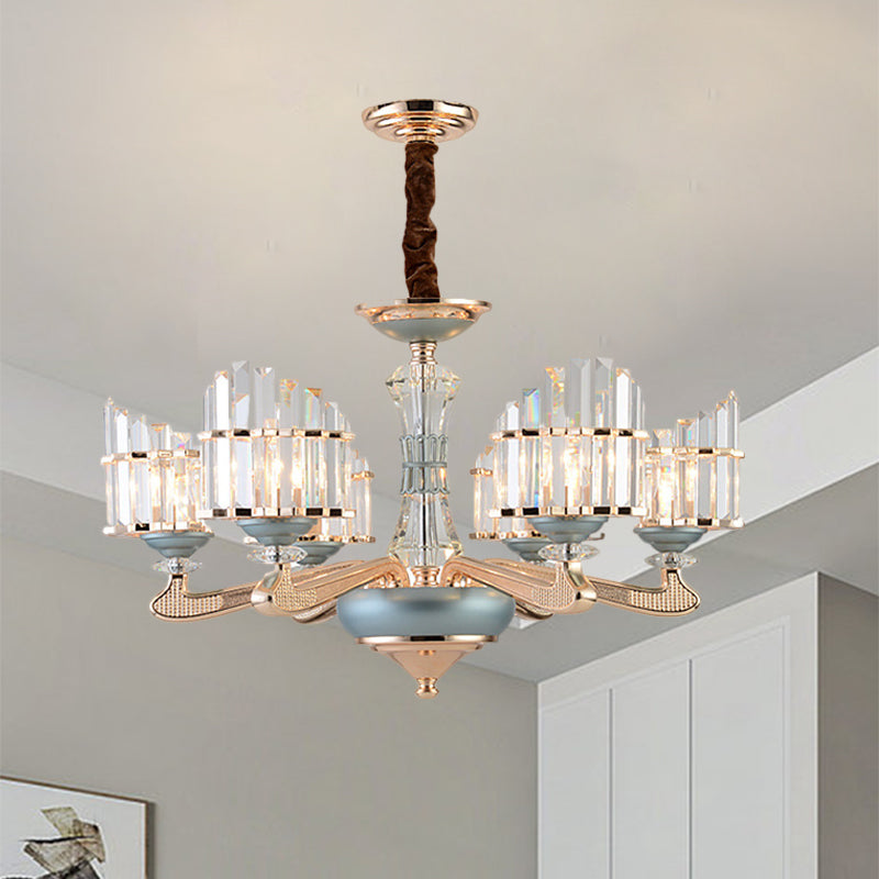 Crystal Block Arced Panel Chandelier Contemporary 6 Bulbs Gold Pendulum Light with Blue Ceramics Detail