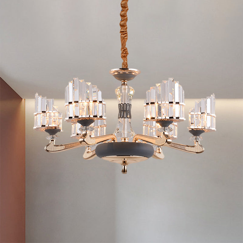 Arced Panel Pendant Chandelier Modernist Clear Crystal Block 6-Light Dining Room Ceiling Hang Fixture in Gold