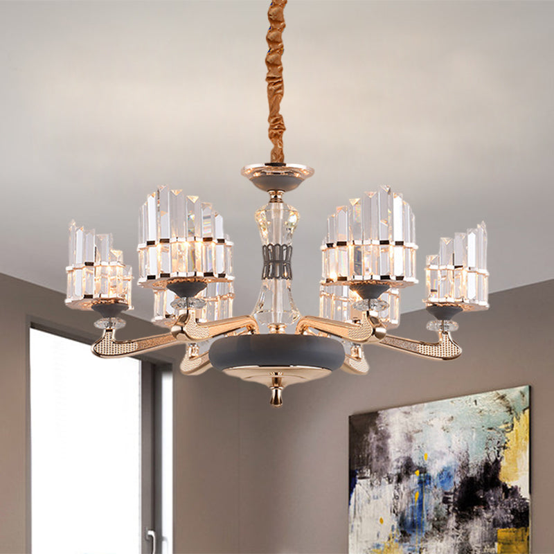 Arced Panel Pendant Chandelier Modernist Clear Crystal Block 6-Light Dining Room Ceiling Hang Fixture in Gold