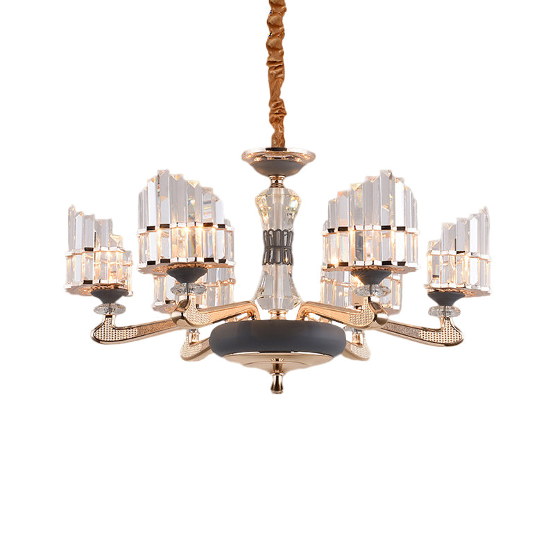 Arced Panel Pendant Chandelier Modernist Clear Crystal Block 6-Light Dining Room Ceiling Hang Fixture in Gold