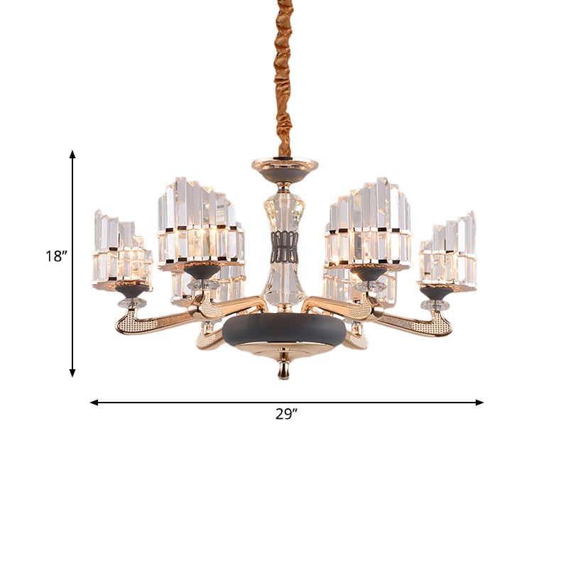 Arced Panel Pendant Chandelier Modernist Clear Crystal Block 6-Light Dining Room Ceiling Hang Fixture in Gold