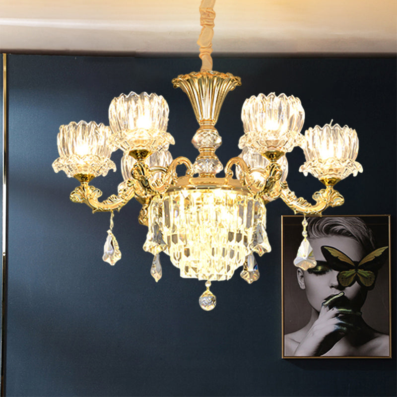 Gold Finish 6-Light Hanging Light Contemporary Clear Crystal Glass Flower LED Chandelier Pendant Lamp