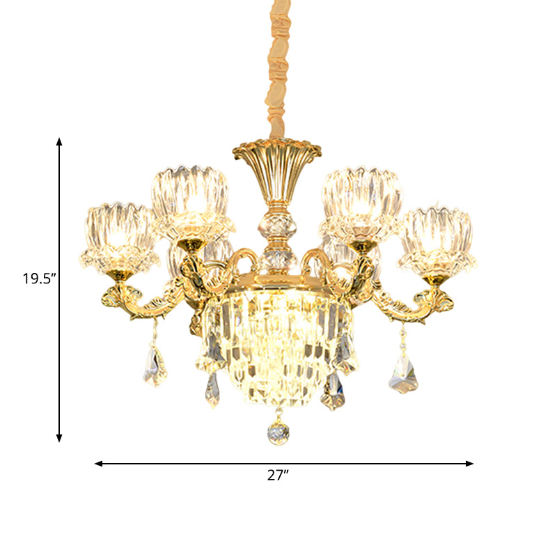 Gold Finish 6-Light Hanging Light Contemporary Clear Crystal Glass Flower LED Chandelier Pendant Lamp