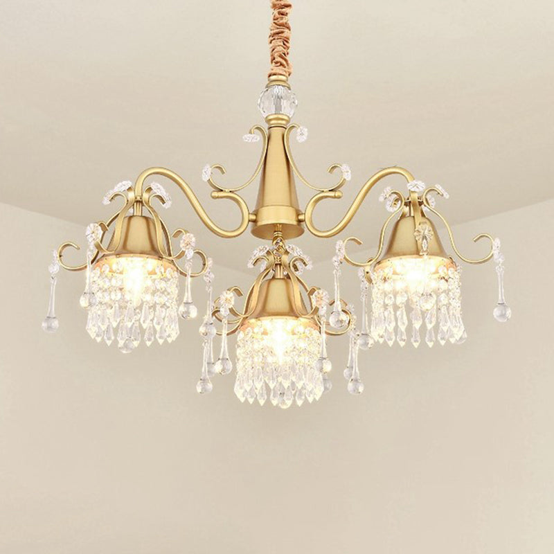 Gold 3 Heads Pendulum Lighting Post Modern Crystal Drip Cylinder Hanging Chandelier for Bedroom