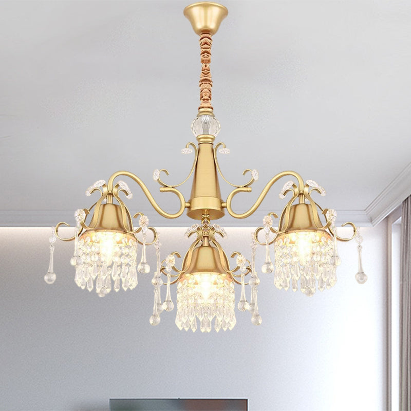 Gold 3 Heads Pendulum Lighting Post Modern Crystal Drip Cylinder Hanging Chandelier for Bedroom