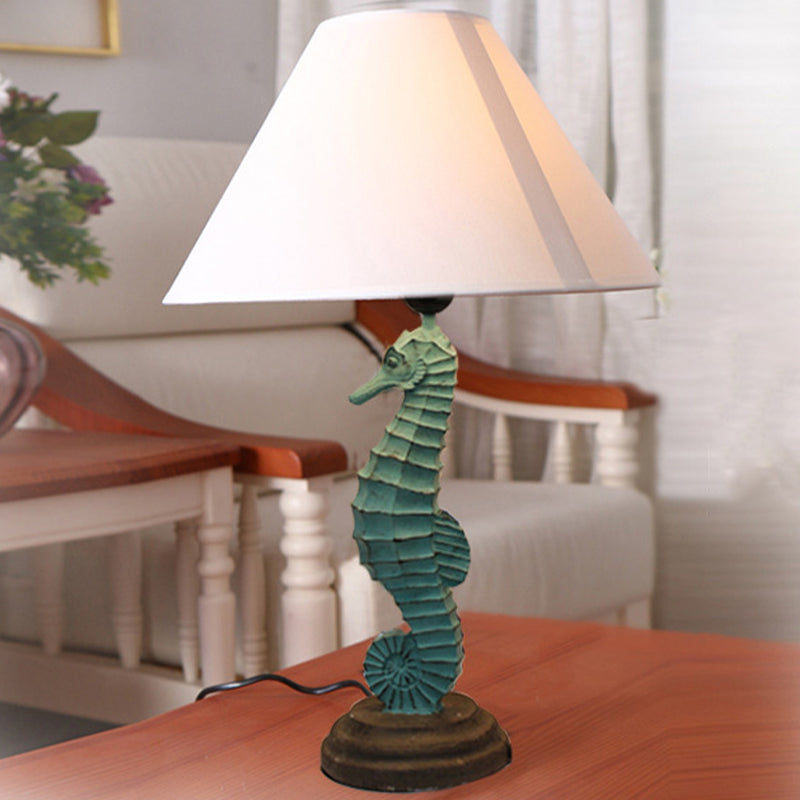 Green Seahorse Table Light Countryside Resin 1 Head Bedside Night Lamp with Wide Cone Fabric Shade