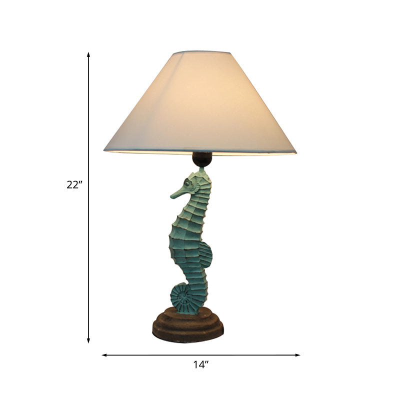 Green Seahorse Table Light Countryside Resin 1 Head Bedside Night Lamp with Wide Cone Fabric Shade