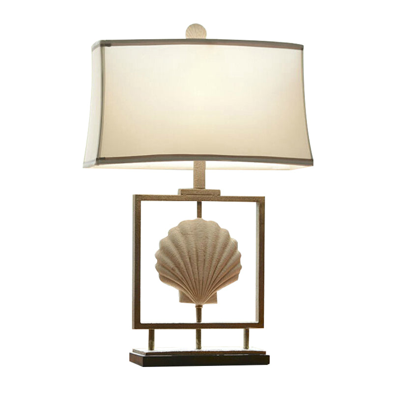 Rectangle Fabric Table Lighting Traditional 1-Light Living Room Night Lamp in White with Shell Decor and Square Frame