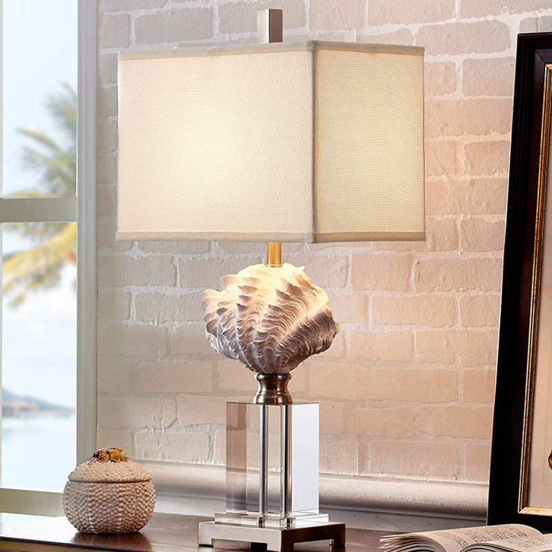 Conch Shell Bedside Table Lamp Rustic Resin 1 Bulb White Night Stand Light with Box Fabric Shade