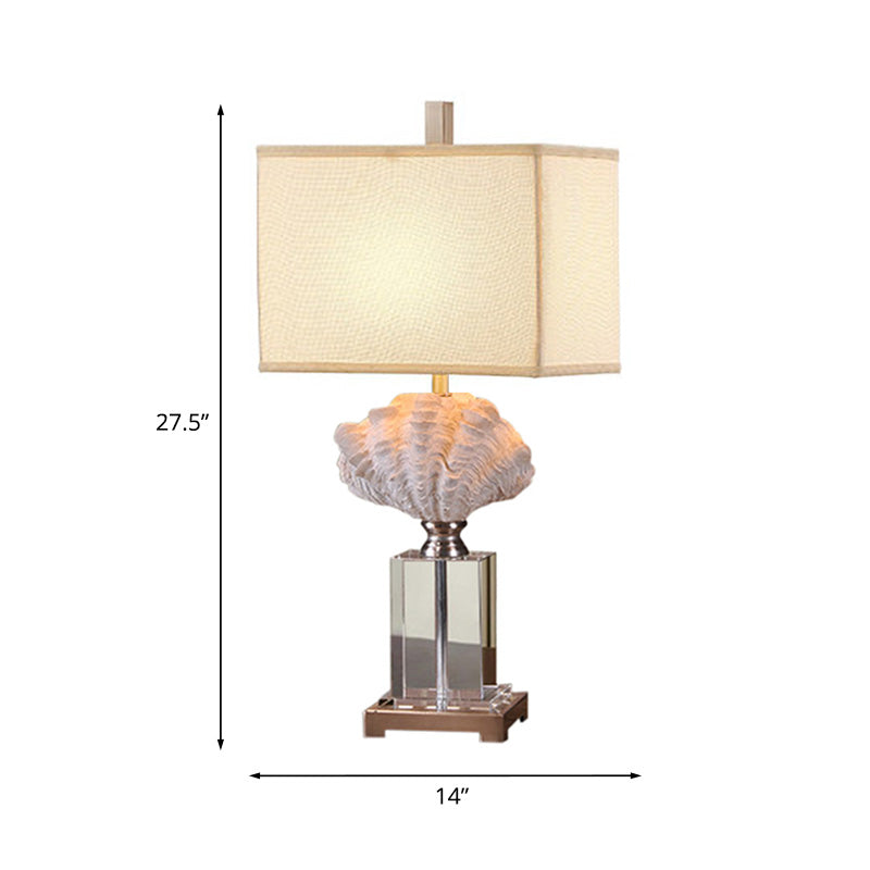 Conch Shell Bedside Table Lamp Rustic Resin 1 Bulb White Night Stand Light with Box Fabric Shade