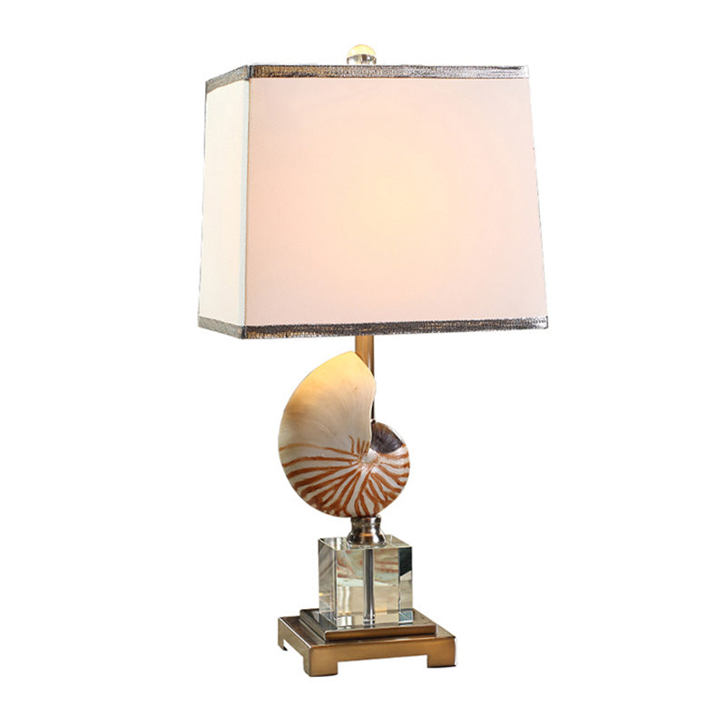 White 1 Head Night Table Light Rural Fabric Cuboid Nightstand Lamp with Decorative Nautilus Shell