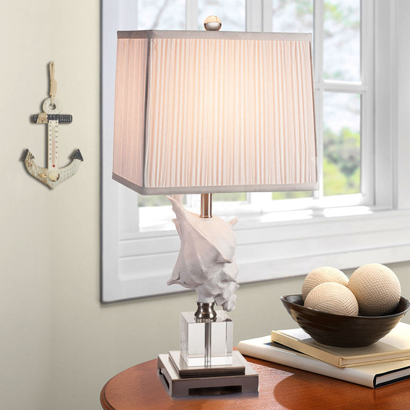 Silver/White Conch Shell Night Light Countryside Resin 1 Head Dining Table Lamp with Square Pleated Fabric Shade